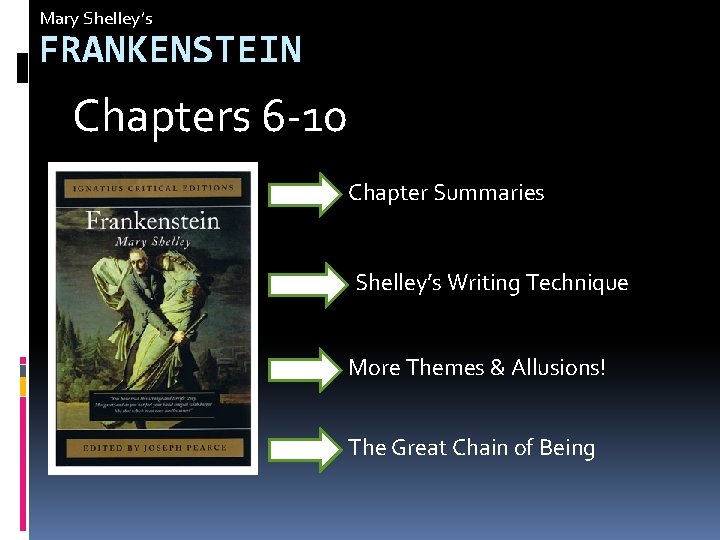 Mary Shelley’s FRANKENSTEIN Chapters 6 -10 Chapter Summaries Shelley’s Writing Technique More Themes &