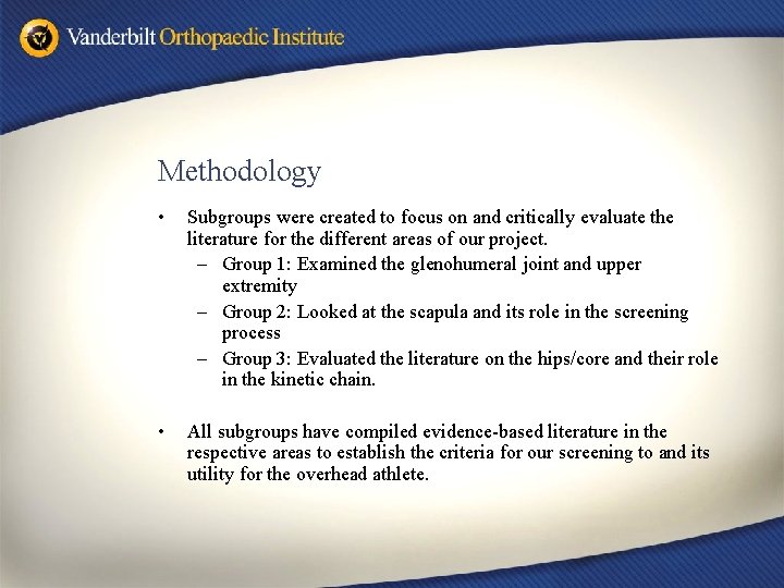 Methodology • Subgroups were created to focus on and critically evaluate the literature for