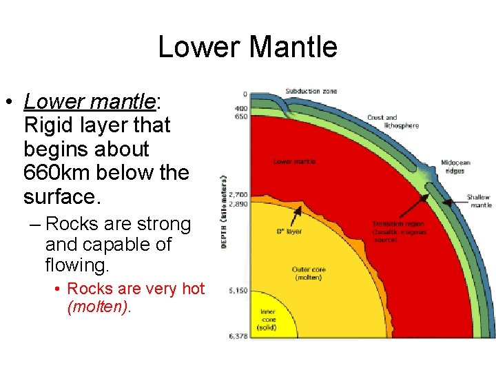 Lower Mantle • Lower mantle: Rigid layer that begins about 660 km below the