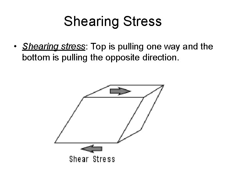 Shearing Stress • Shearing stress: Top is pulling one way and the bottom is