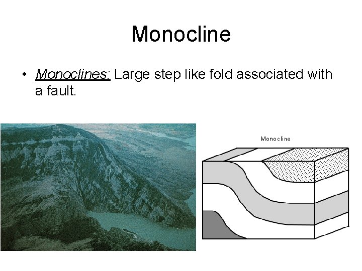 Monocline • Monoclines: Large step like fold associated with a fault. 