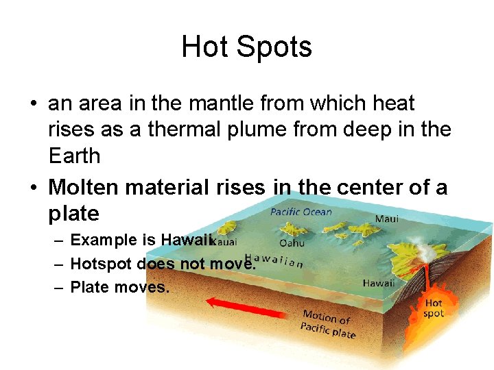 Hot Spots • an area in the mantle from which heat rises as a