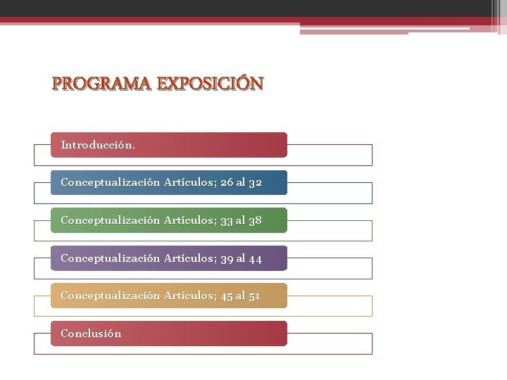 PROGRAMA EXPOSICIÓN Introducción. Conceptualización Artículos; 26 al 32 Conceptualización Artículos; 33 al 38 Conceptualización