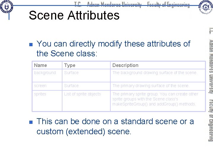 Scene Attributes n n You can directly modify these attributes of the Scene class: