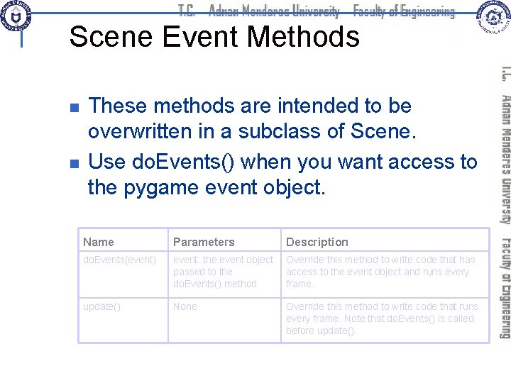 Scene Event Methods n n These methods are intended to be overwritten in a