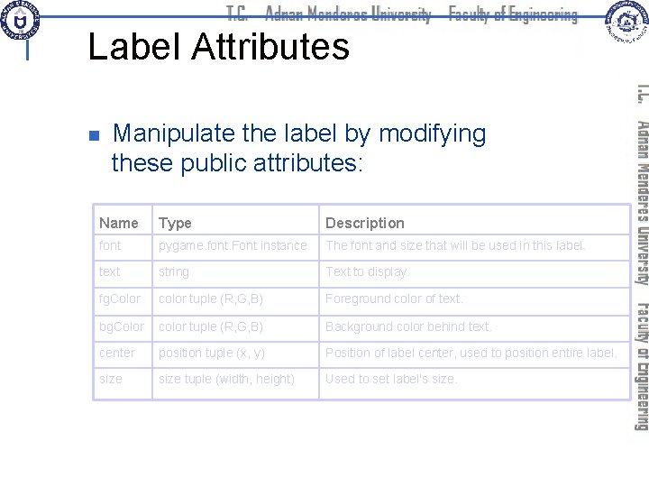 Label Attributes n Manipulate the label by modifying these public attributes: Name Type Description