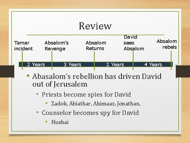 Review Tamar incident Absalom’s Revenge 2 Years 3 Years Absalom Returns David sees Absalom