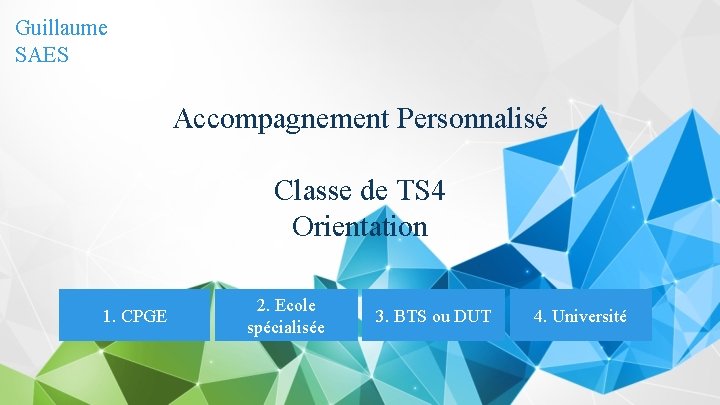 Guillaume SAES Accompagnement Personnalisé Classe de TS 4 Orientation 1. CPGE 2. Ecole spécialisée