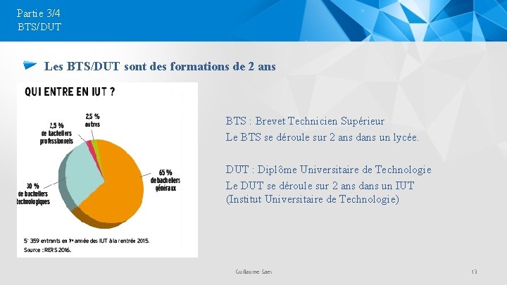 Partie 3/4 BTS/DUT Les BTS/DUT sont des formations de 2 ans BTS : Brevet