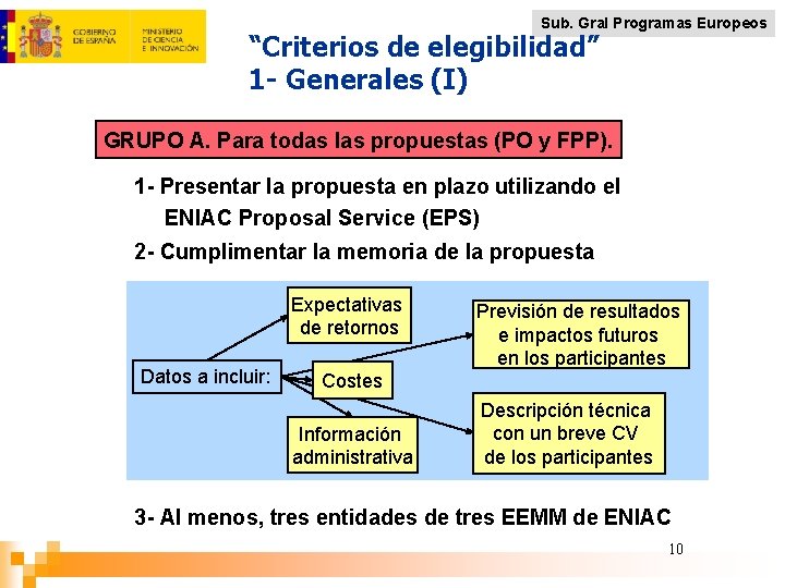 Sub. Gral Programas Europeos “Criterios de elegibilidad” 1 - Generales (I) GRUPO A. Para