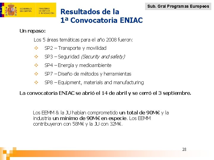 Resultados de la 1ª Convocatoria ENIAC Sub. Gral Programas Europeos Un repaso: Los 5