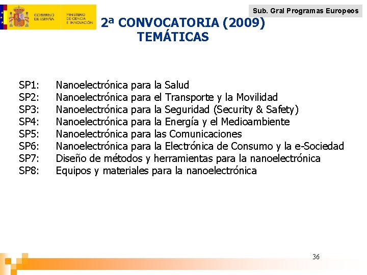 Sub. Gral Programas Europeos 2ª CONVOCATORIA (2009) TEMÁTICAS SP 1: SP 2: SP 3: