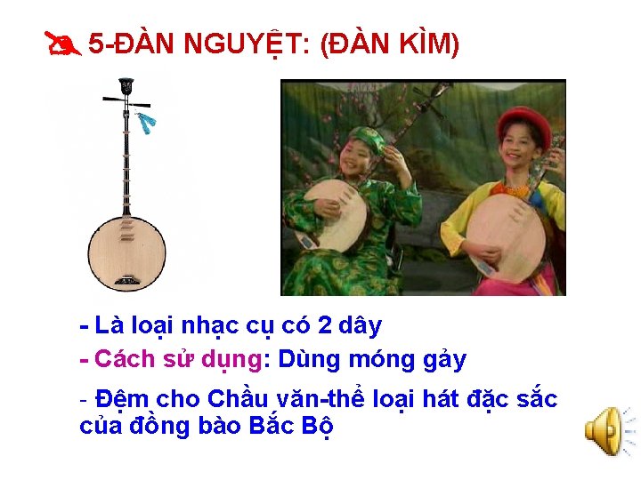  5 -ĐÀN NGUYỆT: (ĐÀN KÌM) - Là loại nhạc cụ có 2 dây