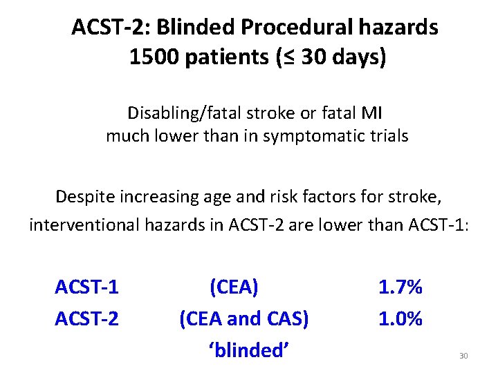 ACST-2: Blinded Procedural hazards 1500 patients (≤ 30 days) Disabling/fatal stroke or fatal MI
