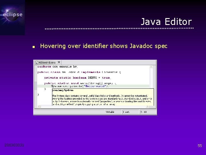 Java Editor ■ 200303331 Hovering over identifier shows Javadoc spec 55 