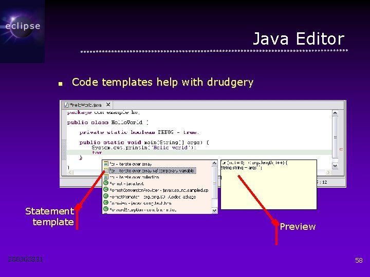 Java Editor ■ Code templates help with drudgery Statement template 200303331 Preview 58 