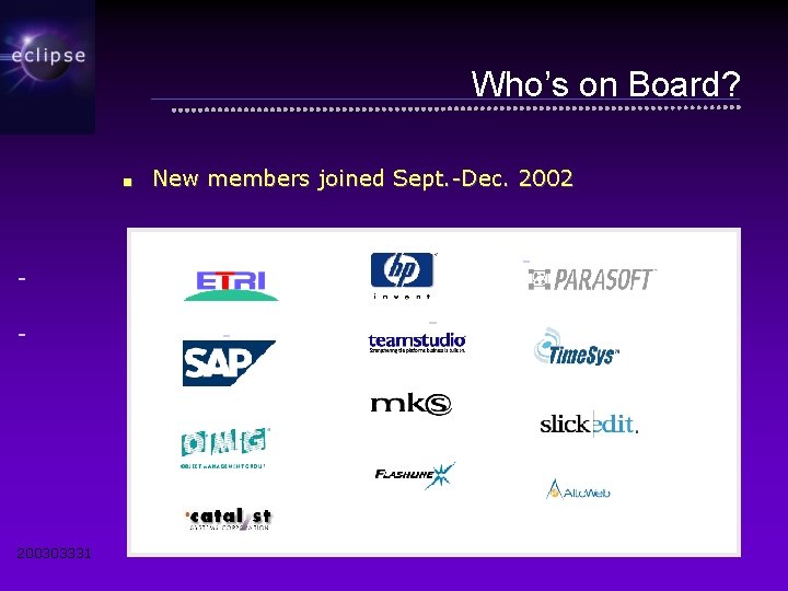 Who’s on Board? ■ 200303331 New members joined Sept. -Dec. 2002 