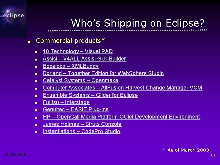 Who’s Shipping on Eclipse? ■ Commercial products* ■ ■ ■ 200303331 10 Technology –