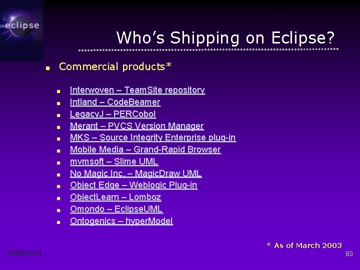 Who’s Shipping on Eclipse? ■ Commercial products* ■ ■ ■ 200303331 Interwoven – Team.