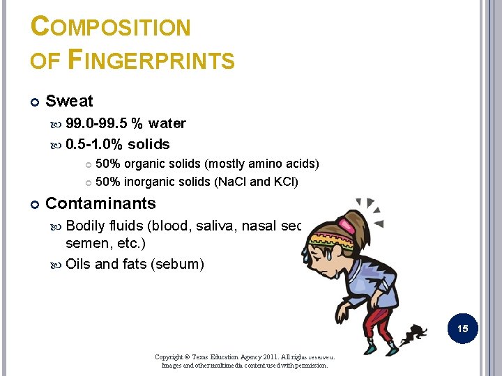 COMPOSITION OF FINGERPRINTS Sweat 99. 0 -99. 5 % water 0. 5 -1. 0%