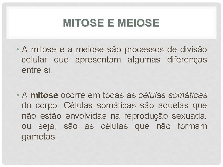 MITOSE E MEIOSE • A mitose e a meiose são processos de divisão celular