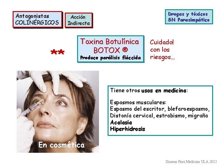 Antagonistas COLINÉRGICOS ** Drogas y tóxicos SN Parasimpático Acción Indirecta Toxina Botulínica BOTOX ®