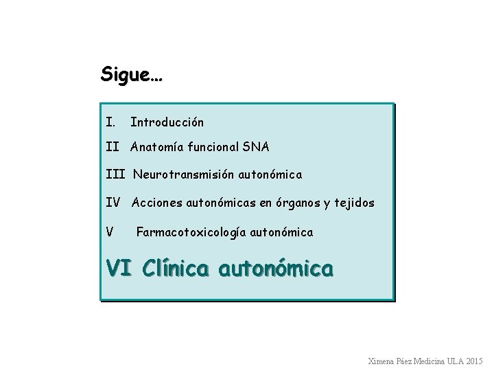 Sigue… I. Introducción II Anatomía funcional SNA III Neurotransmisión autonómica IV Acciones autonómicas en