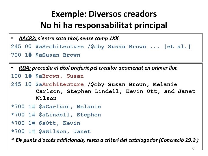 Exemple: Diversos creadors No hi ha responsabilitat principal • AACR 2: s'entra sota títol,