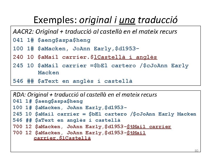 Exemples: original i una traducció AACR 2: Original + traducció al castellà en el