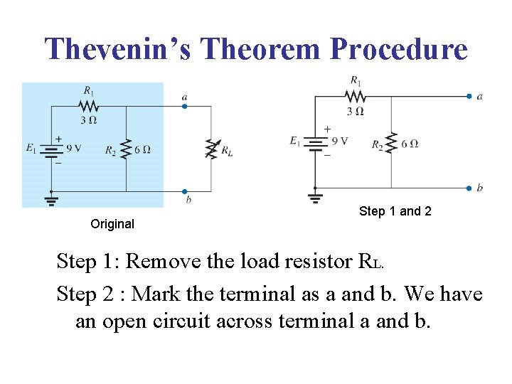 Thevenin’s Theorem Procedure Original Step 1 and 2 Step 1: Remove the load resistor