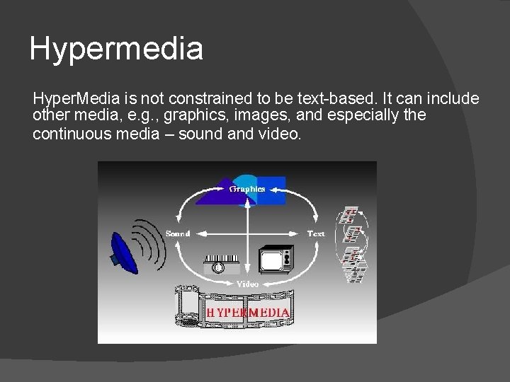 Hypermedia Hyper. Media is not constrained to be text-based. It can include other media,