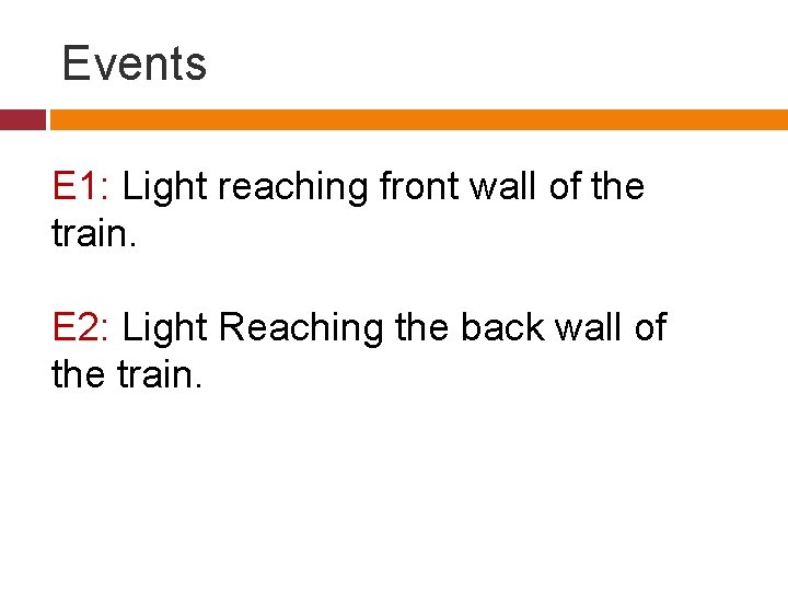 Events E 1: Light reaching front wall of the train. E 2: Light Reaching