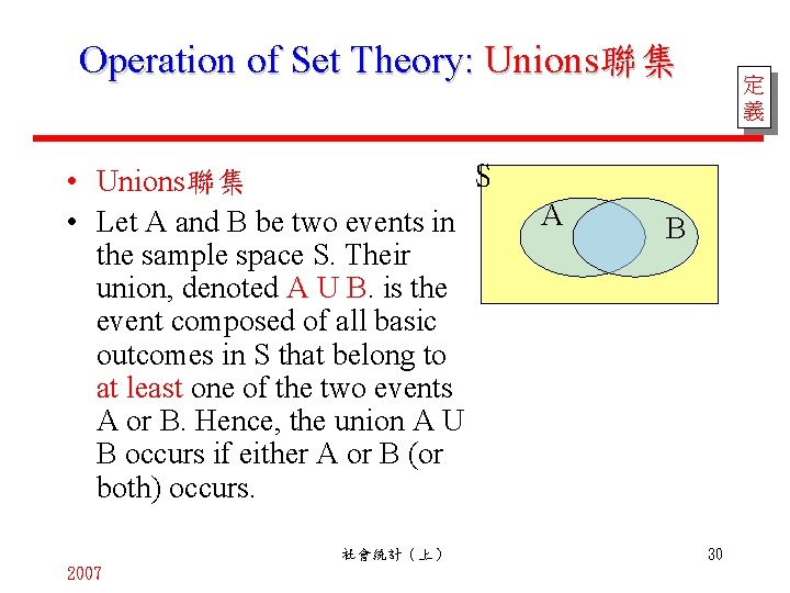 Operation of Set Theory: Unions聯集 S • Unions聯集 • Let A and B be