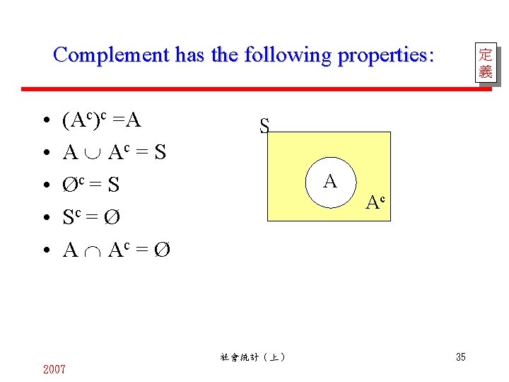Complement has the following properties: • • • (Ac)c =A A Ac = S
