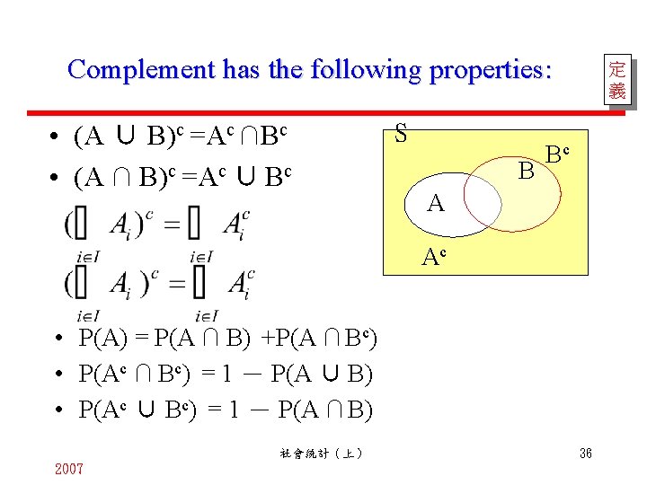 Complement has the following properties: • (A ∪ B)c =Ac ∩Bc • (A ∩