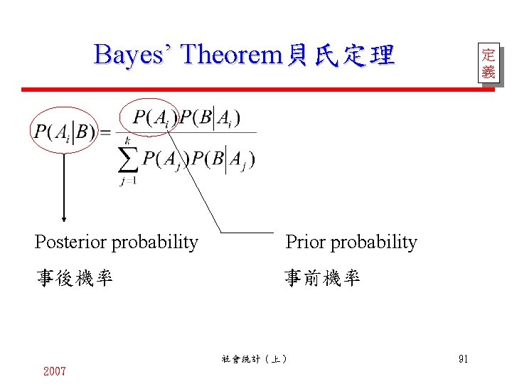 Bayes’ Theorem貝氏定理 Posterior probability Prior probability 事後機率 事前機率 社會統計（上） 2007 定 義 91 