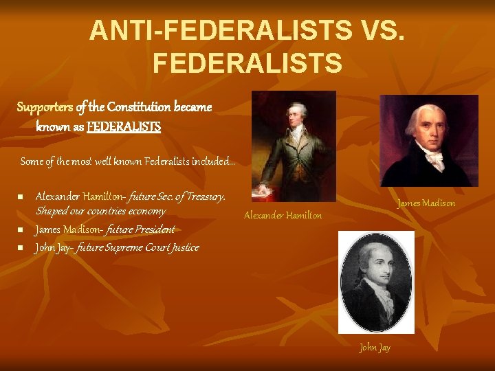 ANTI-FEDERALISTS VS. FEDERALISTS Supporters of the Constitution became known as FEDERALISTS Some of the