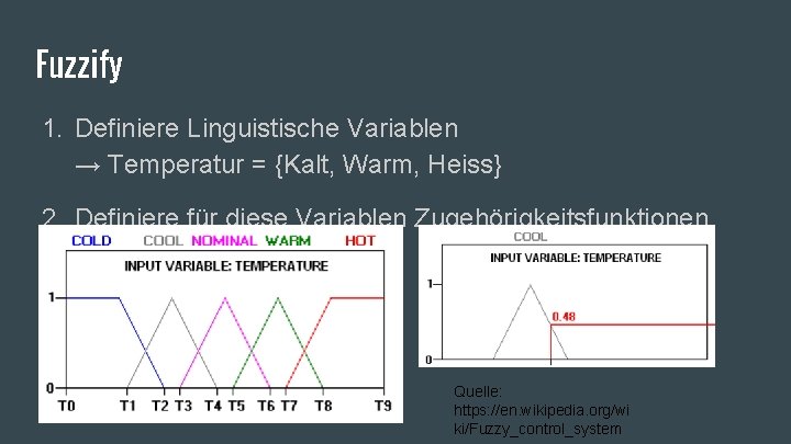 Fuzzify 1. Definiere Linguistische Variablen → Temperatur = {Kalt, Warm, Heiss} 2. Definiere für