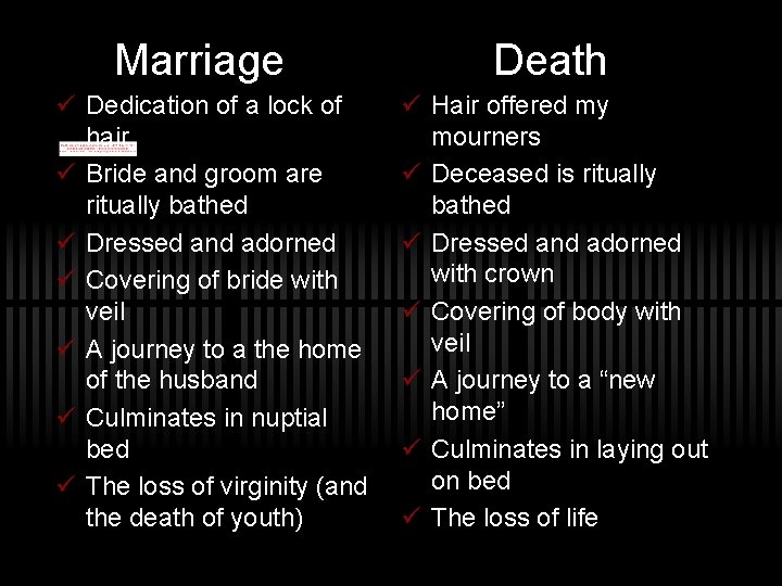 Marriage ü Dedication of a lock of hair ü Bride and groom are ritually