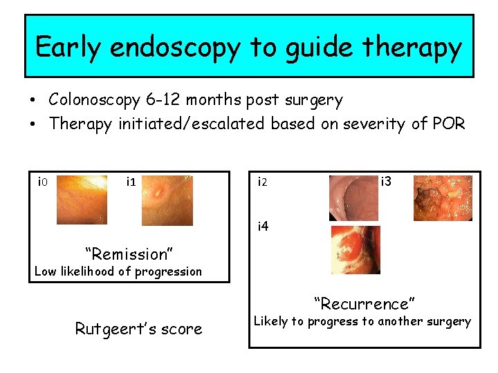 Early endoscopy to guide therapy • Colonoscopy 6 -12 months post surgery • Therapy