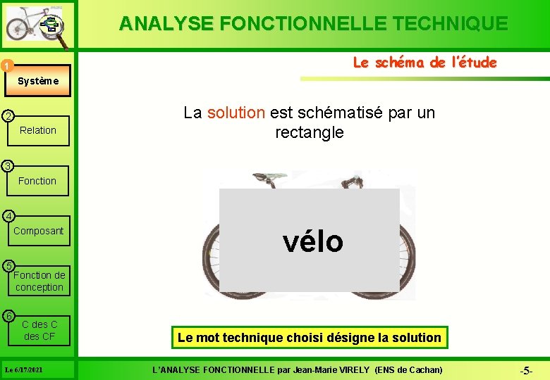 ANALYSE FONCTIONNELLE TECHNIQUE Le schéma de l’étude 1 Système 2 Relation La solution est