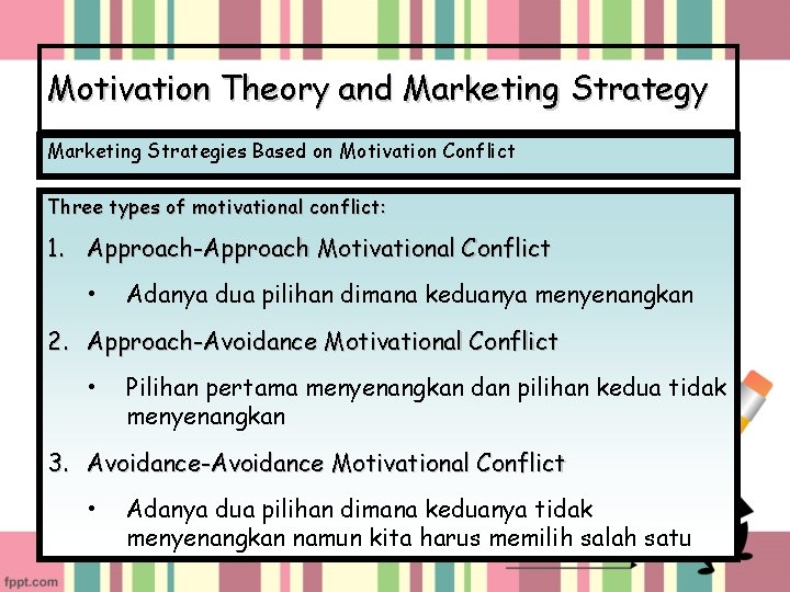 Motivation Theory and Marketing Strategy Marketing Strategies Based on Motivation Conflict Three types of