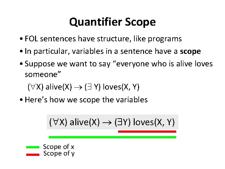 Quantifier Scope • FOL sentences have structure, like programs • In particular, variables in