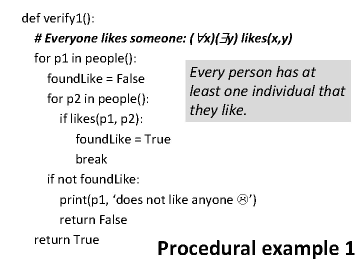 def verify 1(): # Everyone likes someone: ( x)( y) likes(x, y) for p