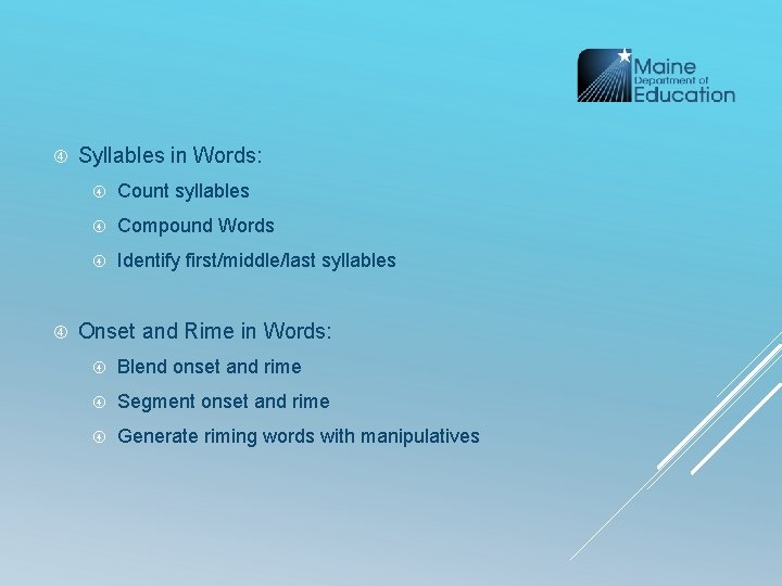 Syllables in Words: Count syllables Compound Words Identify first/middle/last syllables Onset and Rime