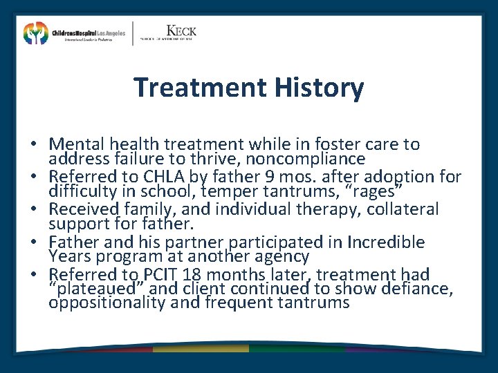 Treatment History • Mental health treatment while in foster care to address failure to