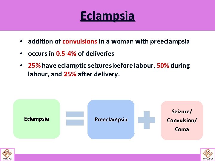 Eclampsia • addition of convulsions in a woman with preeclampsia • occurs in 0.