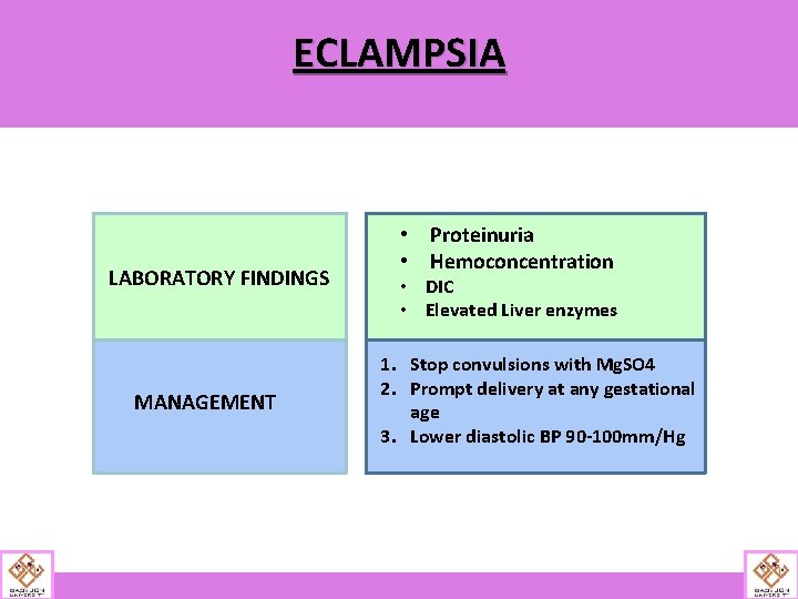 ECLAMPSIA LABORATORY FINDINGS MANAGEMENT • Proteinuria • Hemoconcentration • DIC • Elevated Liver enzymes