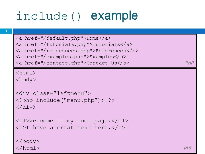 include() example 3 <a <a <a href="/default. php">Home</a> href="/tutorials. php">Tutorials</a> href="/references. php">References</a> href="/examples. php">Examples</a>