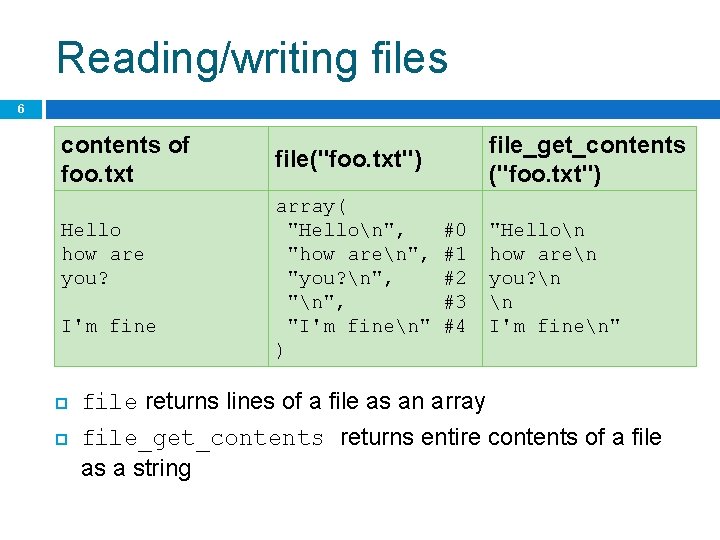 Reading/writing files 6 contents of foo. txt Hello how are you? I'm fine file_get_contents